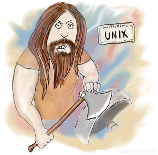 Depiction of an axe grinding UNIX programmer